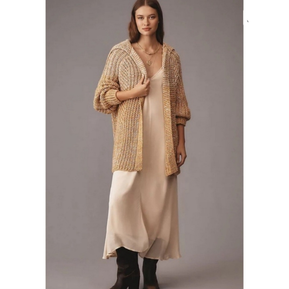 Anthropologie Maeve Chunky Knit Oversized Sweater Metallic Gold Tan NEW NWT